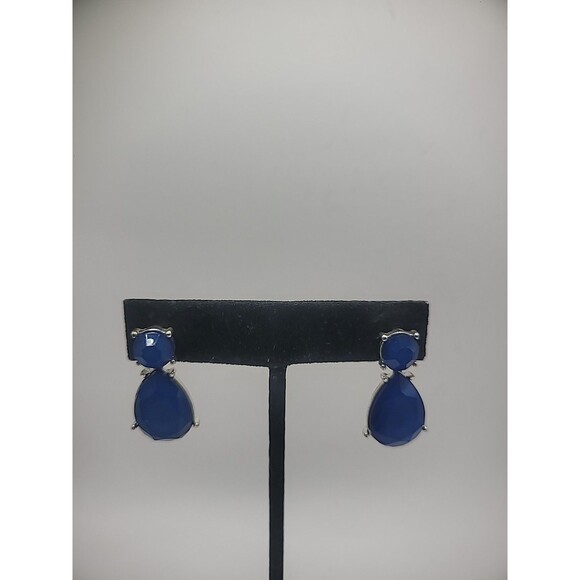 Vintage Earrings Pierced Post Stud Blue Drop Faceted Jewelry Costume - Picture 2 of 16